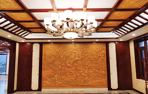 山根镇中式别墅客厅中式木作横梁吊顶装饰展示
